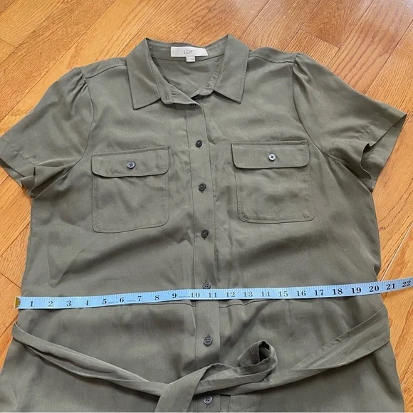LOFT Women's Size 12 Olive Green Button-Up Romper with Cuffed Shorts + Tie Waist - Picture 7 of 16